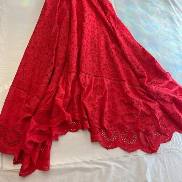 NEW Alice + Olivia Rosalee Eyelet Maxi Dress Tie Strap Red Cotton - Picture 6 of 15